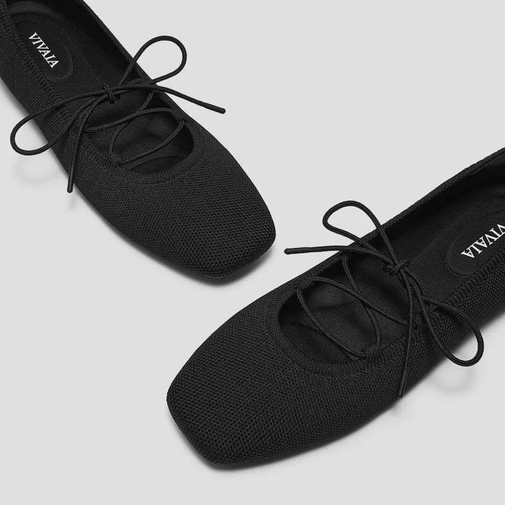 Vivaia Miley Black Square Toe Knit Ballet Flats Lace Up Shoes EU/39.5 US/8.5